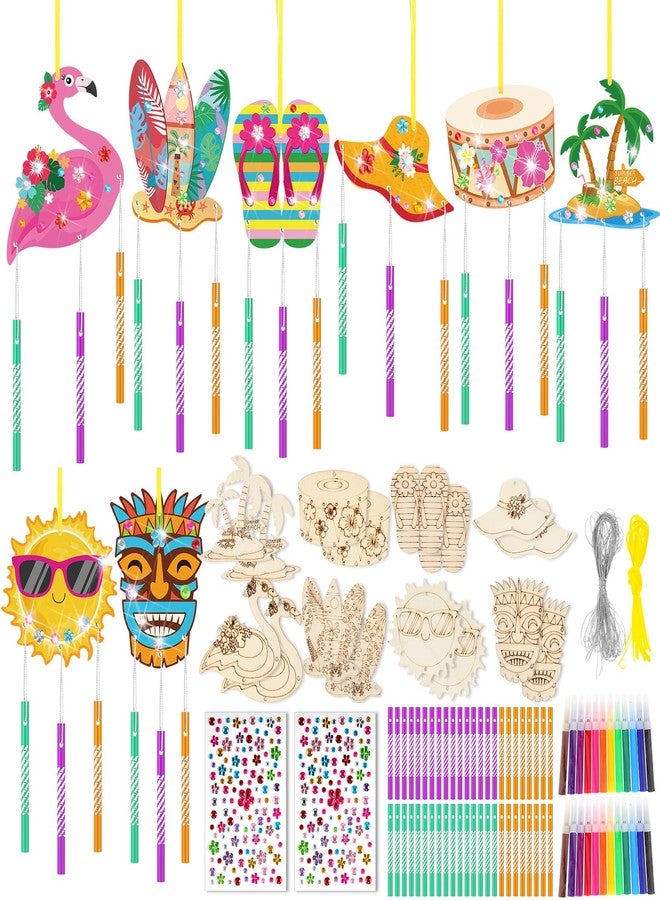 WinnerWhy 16 Pack Summer Wind Chime Kit Hawaii Craft Make Your Own Flamingos Tiki Surfboard Wind Chime DIY Wooden Hanging Ornaments Painting Craft for Hawaii Summer Family Activities Party Supplies - Image 1