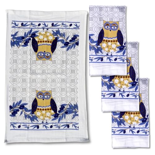Lobyn Value Packs  4Pack Blue Owl Kitchen Towels 15x25 Lightweight CottonPoly Blend Absorbent Dish Towels with Whimsical Decorative Design