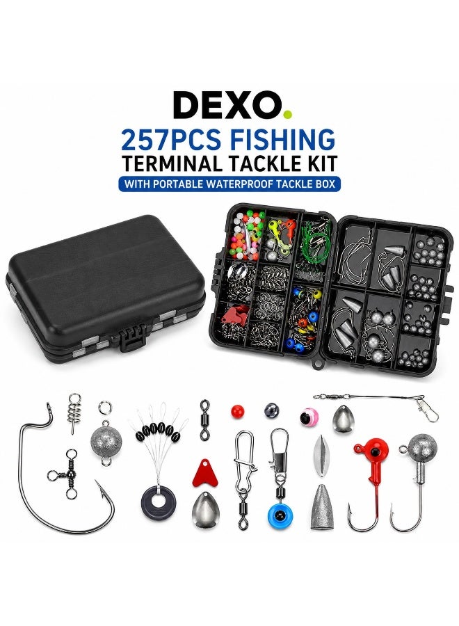 DEXO 257PCS Fishing Terminal Tackle Kit with Portable Waterproof Tackle Box – Fishing Hooks, Sinkers, Swivels & Accessories Set - Image 1
