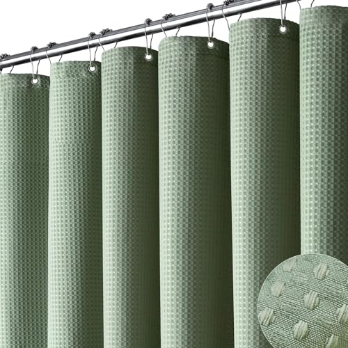 Dynamene Stall Fabric Shower Curtain 48 inch Wide Waffle Weave Weighted Thick Cloth Shower Curtain for Bathroom Neutral Heavy Duty Hotel Spa Luxury Bath Curtain Set with 8 Hook 48x72 Sage Green
