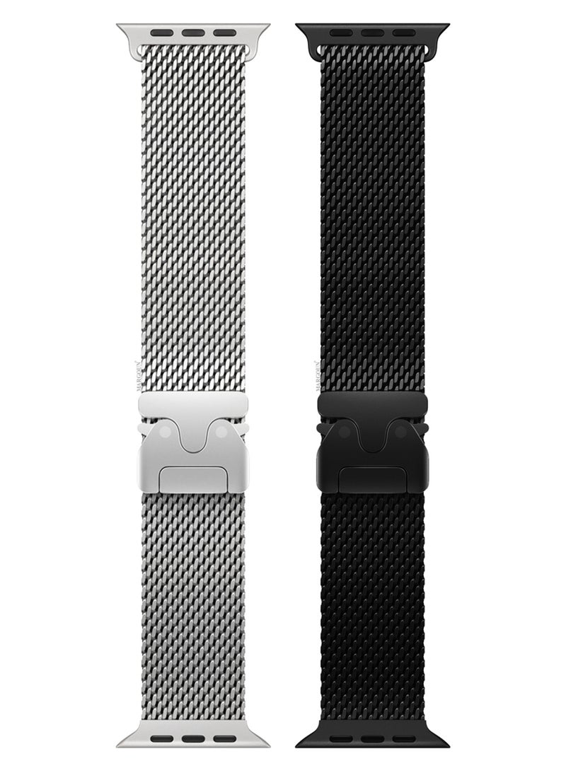 2Packs Milanese Loop for Apple Watch Band Ultra 2 Band Ultra 49mm 46mm 45mm 44mm, Parachute-Style Buckle Stainless Steel Mesh Metal Band for iWatch Series 10-1 SE - Black Natural Titanium - Image 2