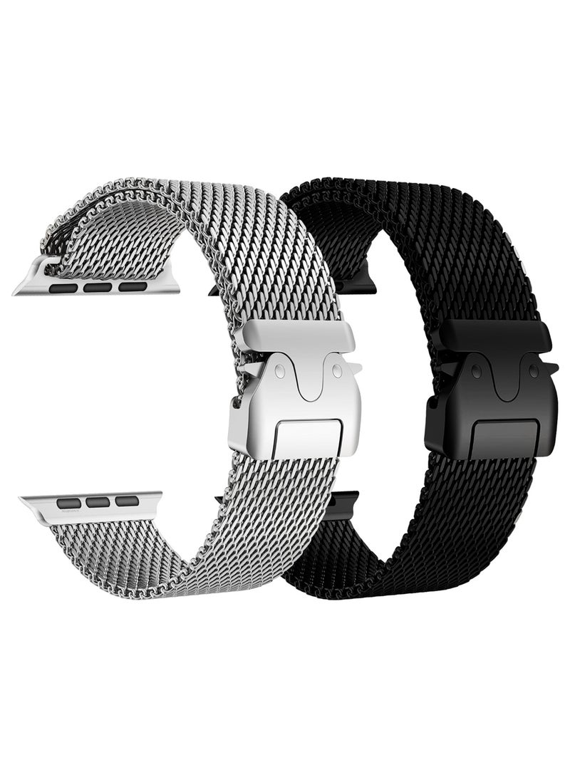 2Packs Milanese Loop for Apple Watch Band Ultra 2 Band Ultra 49mm 46mm 45mm 44mm, Parachute-Style Buckle Stainless Steel Mesh Metal Band for iWatch Series 10-1 SE - Black Natural Titanium - Image 1