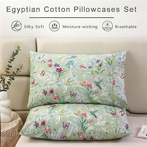 URBONUR 100% Cotton Pillowcases Set of 2 Standard Size Floral Printed Butterfly Pillow Cases Soft Breathable Cooling Pillowcase Decorative Pillow Cover (Standard, 20x26 Inches, Green Flowers) - Image 2