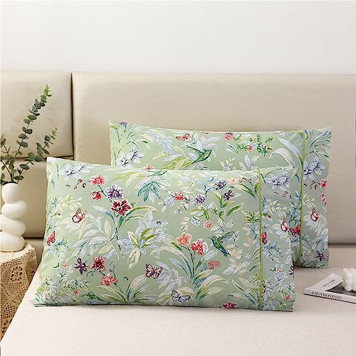 URBONUR 100% Cotton Pillowcases Set of 2 Standard Size Floral Printed Butterfly Pillow Cases Soft Breathable Cooling Pillowcase Decorative Pillow Cover (Standard, 20x26 Inches, Green Flowers) - Image 1