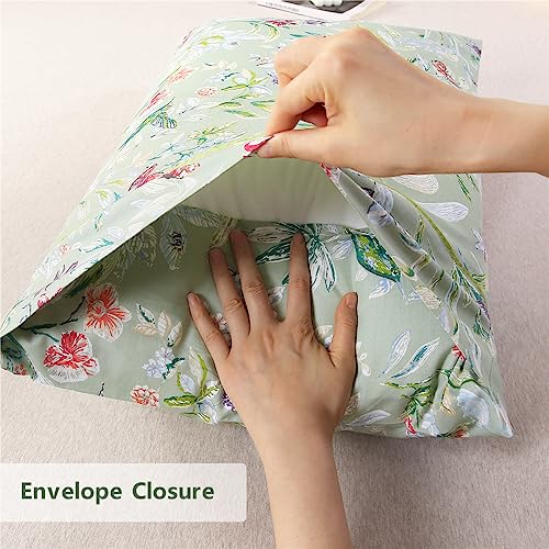 URBONUR 100% Cotton Pillowcases Set of 2 Standard Size Floral Printed Butterfly Pillow Cases Soft Breathable Cooling Pillowcase Decorative Pillow Cover (Standard, 20x26 Inches, Green Flowers) - Image 4