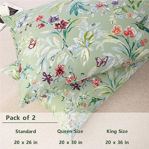URBONUR 100% Cotton Pillowcases Set of 2 Standard Size Floral Printed Butterfly Pillow Cases Soft Breathable Cooling Pillowcase Decorative Pillow Cover (Standard, 20x26 Inches, Green Flowers) - Image 3