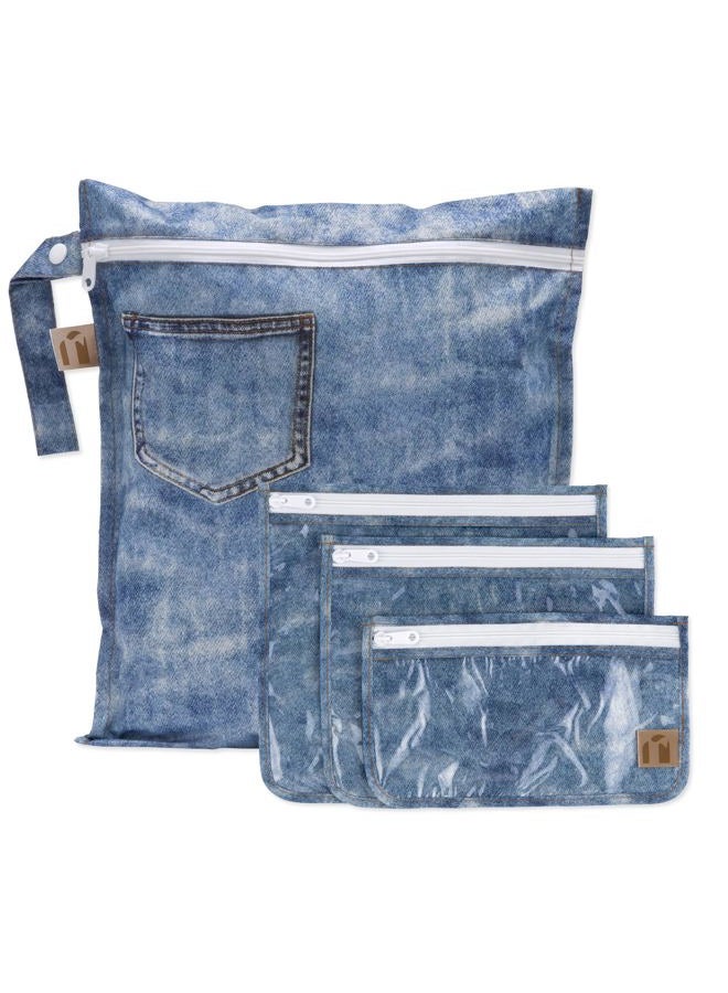 BUMKiNs Waterproof Wet Bag and Wet Dry Clutch Bags for Baby, Travel, Swim Suit, Cloth Diapers, Pump Parts, Pool, Gym Clothes, R-Faux Denim 4pc, Modern - Image 1