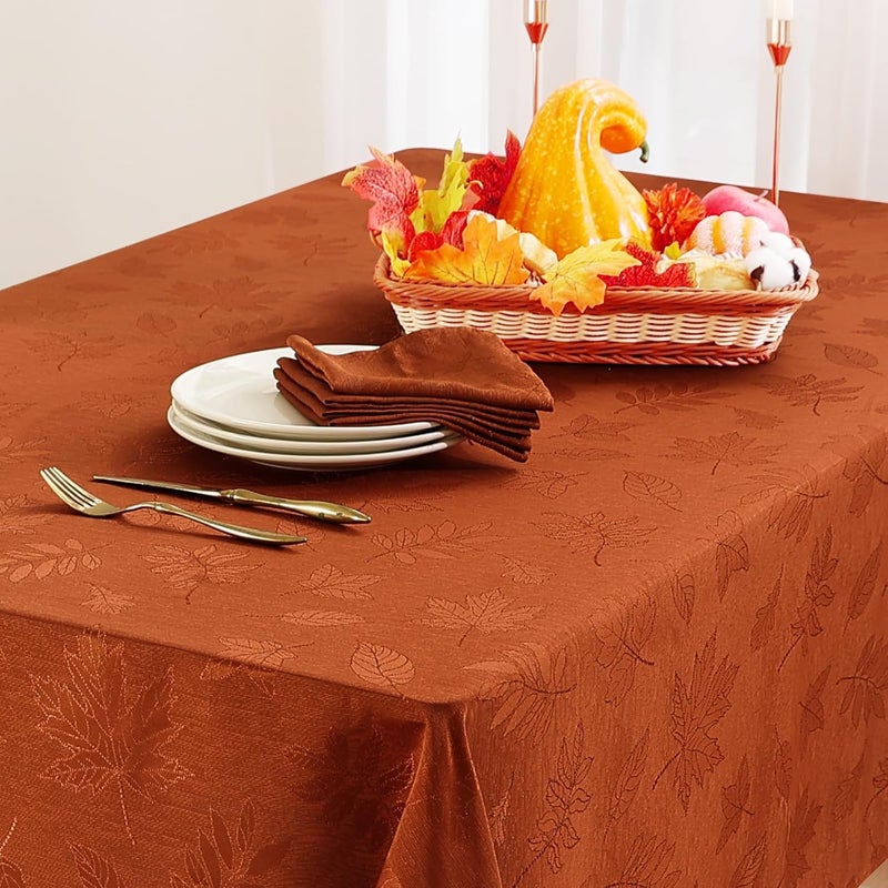 Smiry Rectangle Thanksgiving Tablecloth 60x102 Inch Fall Waterproof Damask Table Cloth Autumn Leaves Fabric Jacquard Table Covers for Harvest Parties and Holiday Dinner Rust - Image 2