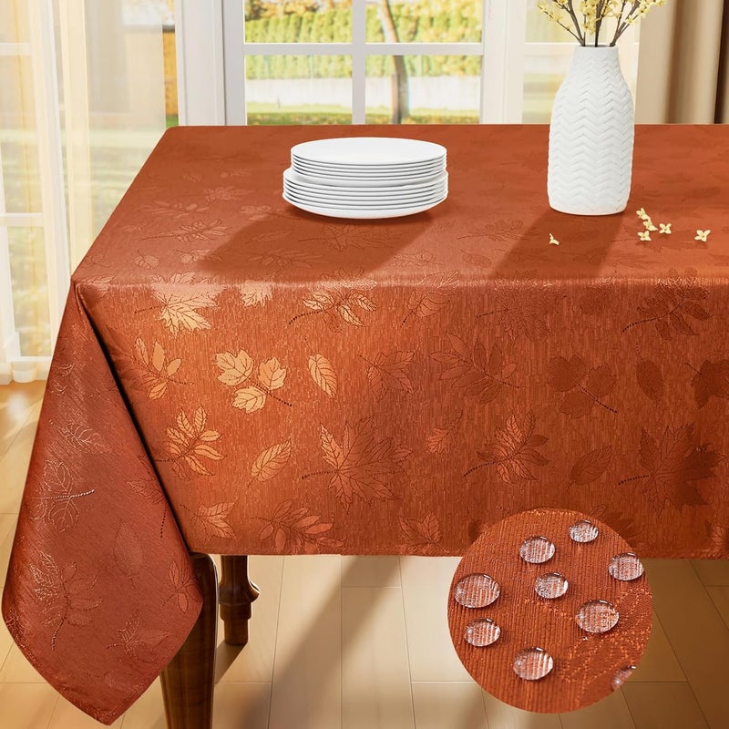 Smiry Rectangle Thanksgiving Tablecloth 60x102 Inch Fall Waterproof Damask Table Cloth Autumn Leaves Fabric Jacquard Table Covers for Harvest Parties and Holiday Dinner Rust - Image 1