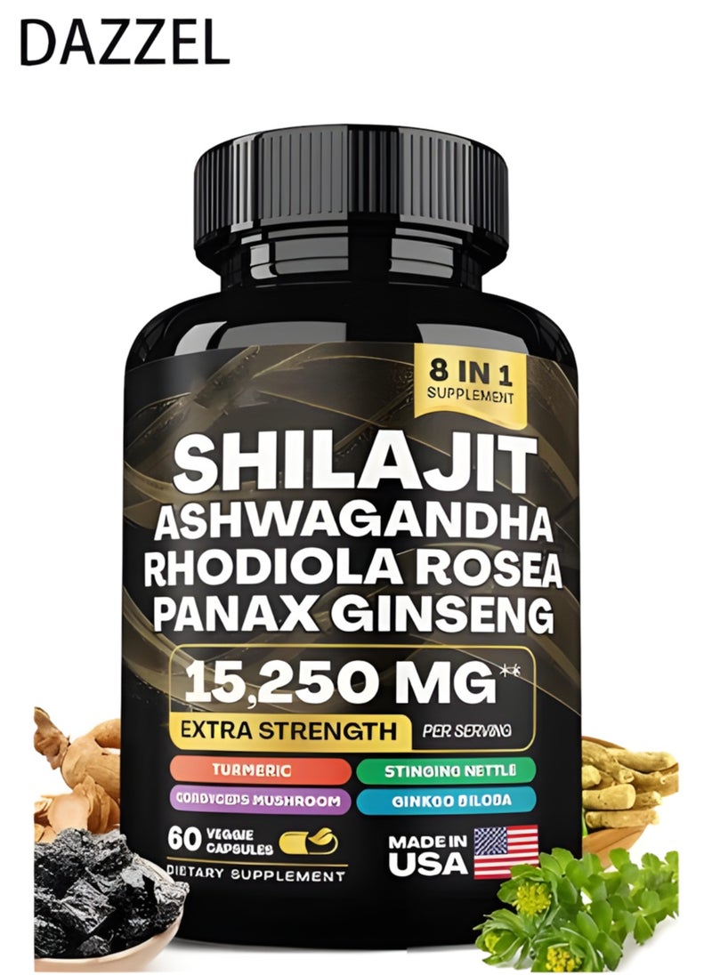 DAZZEL - Shilajit ashwagaandha rhodiola rosea panax ginseng 15250 mg ,extra strength turmeric stinging nettle cordyceps mushroom ginkgo biloba, 60 veggie capsules dietary supplement - Image 1
