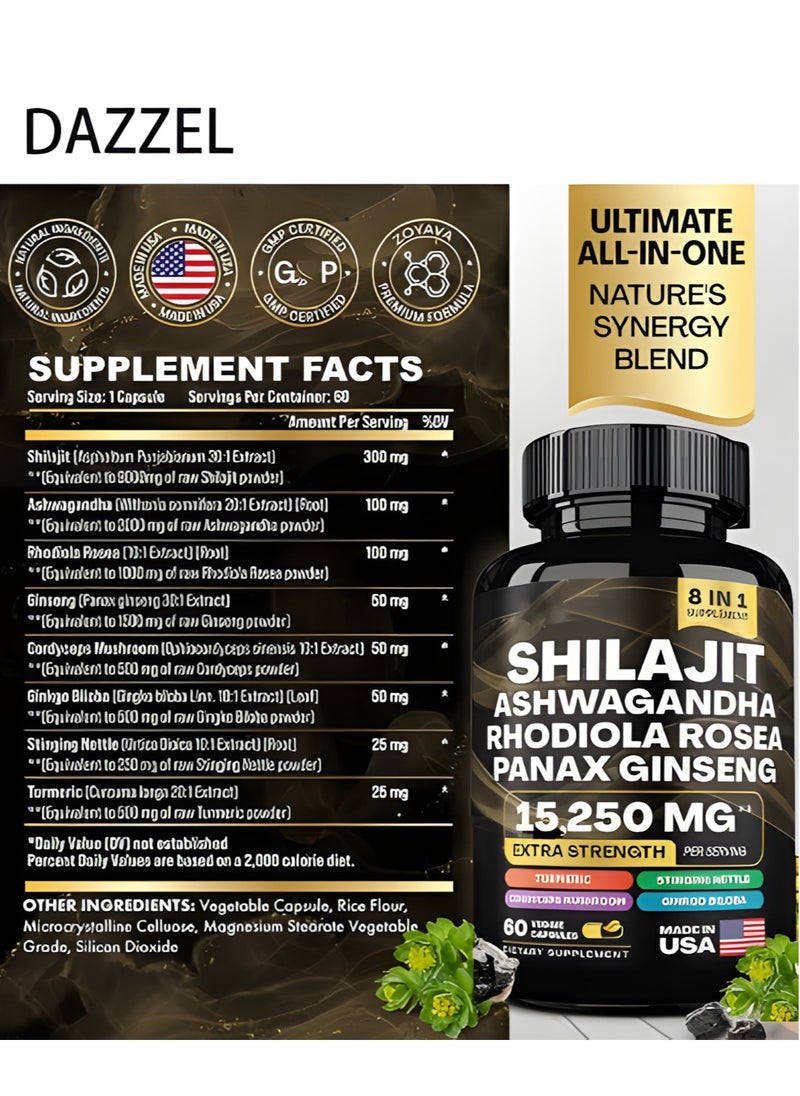 DAZZEL - Shilajit ashwagaandha rhodiola rosea panax ginseng 15250 mg ,extra strength turmeric stinging nettle cordyceps mushroom ginkgo biloba, 60 veggie capsules dietary supplement - Image 1