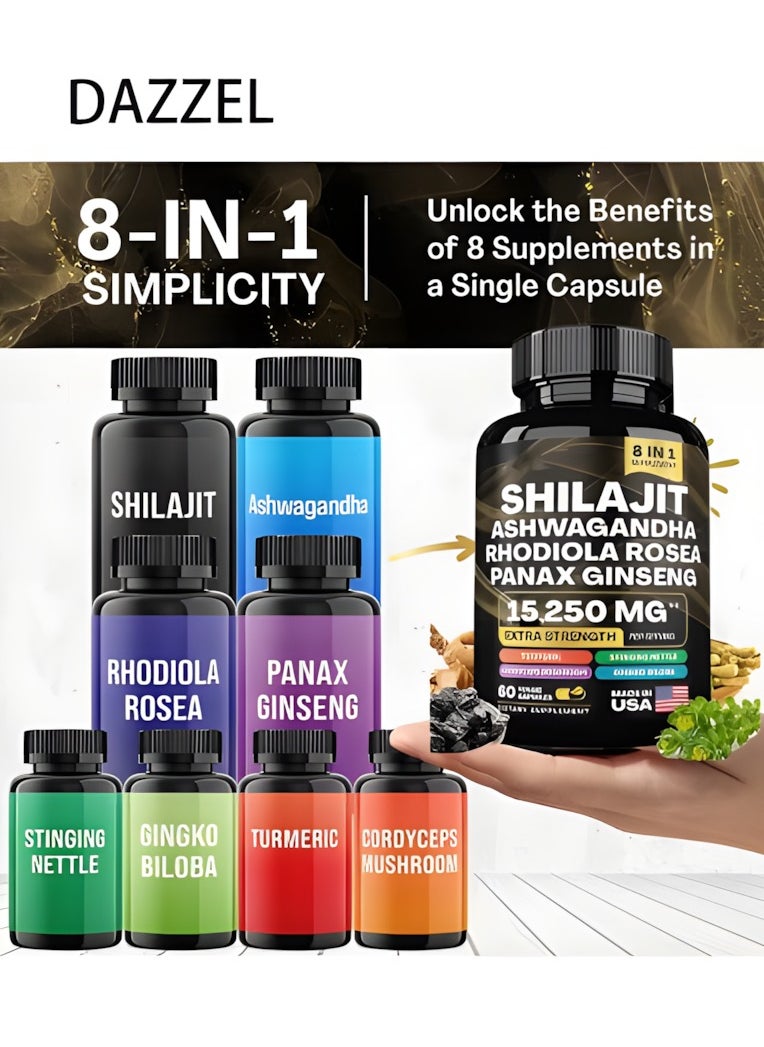 DAZZEL - Shilajit ashwagaandha rhodiola rosea panax ginseng 15250 mg ,extra strength turmeric stinging nettle cordyceps mushroom ginkgo biloba, 60 veggie capsules dietary supplement - Image 1