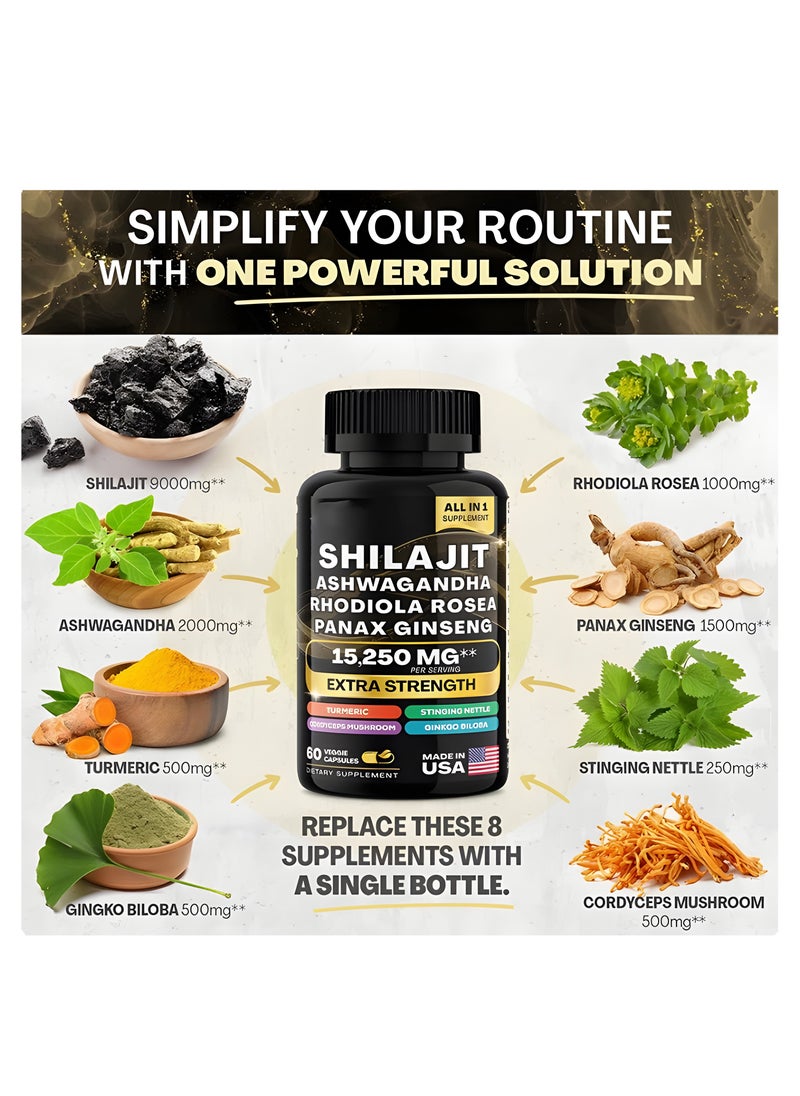 DAZZEL - Shilajit ashwagaandha rhodiola rosea panax ginseng 15250 mg ,extra strength turmeric stinging nettle cordyceps mushroom ginkgo biloba, 60 veggie capsules dietary supplement - Image 1