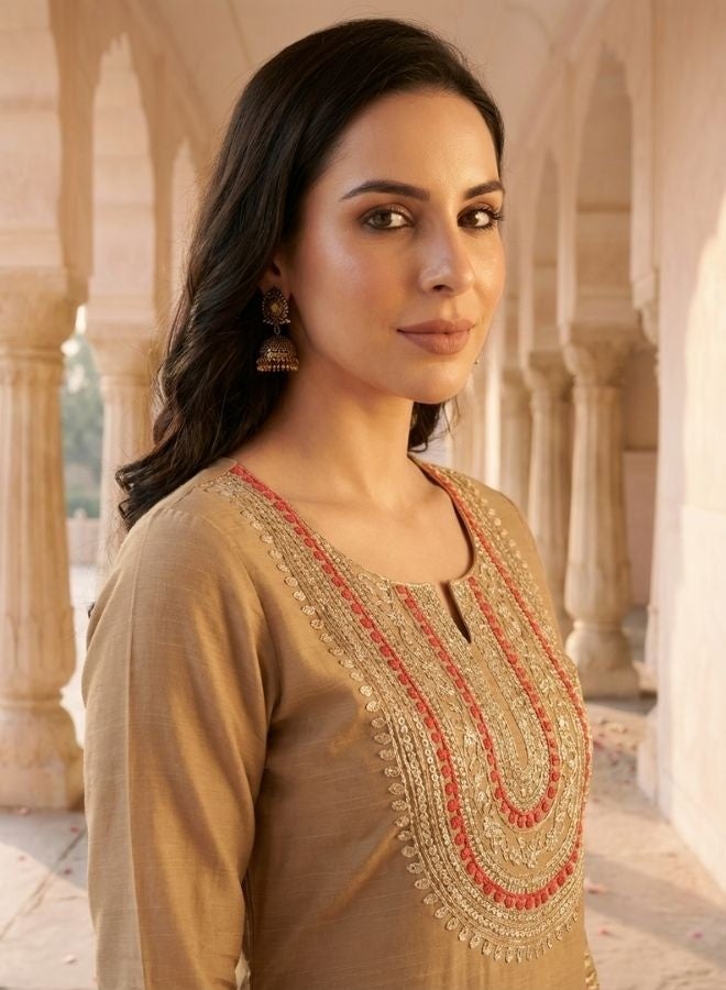Yuris Beige Embroidered, Three Quarter Sleeve, Round Embroidered Neck, Straight Kurta Set, Side Slit with Solid Dupatta - Image 2