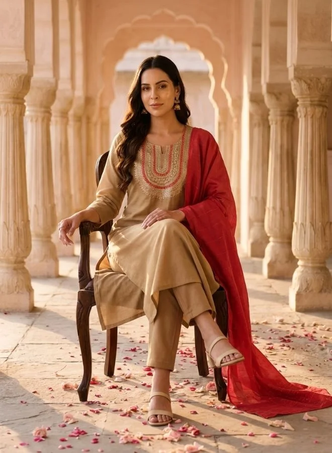 Yuris  Beige Embroidered, Three Quarter Sleeve, Round Embroidered Neck, Straight Kurta Set, Side Slit with Solid Dupatta for Women | Best Price UAE