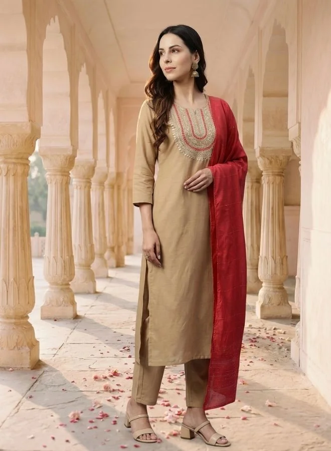 Yuris  Beige Embroidered, Three Quarter Sleeve, Round Embroidered Neck, Straight Kurta Set, Side Slit with Solid Dupatta for Women | Best Price UAE