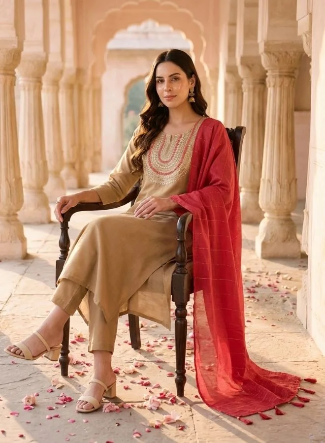 Yuris  Beige Embroidered, Three Quarter Sleeve, Round Embroidered Neck, Straight Kurta Set, Side Slit with Solid Dupatta for Women | Best Price UAE