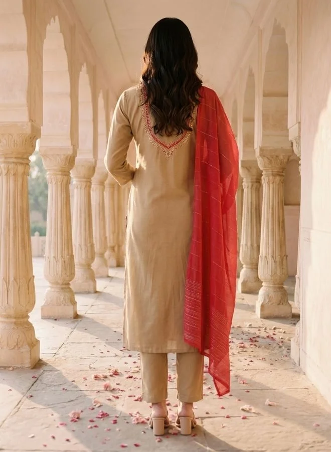 Yuris  Beige Embroidered, Three Quarter Sleeve, Round Embroidered Neck, Straight Kurta Set, Side Slit with Solid Dupatta for Women | Best Price UAE