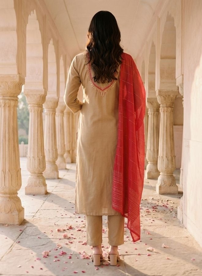 Yuris Beige Embroidered, Three Quarter Sleeve, Round Embroidered Neck, Straight Kurta Set, Side Slit with Solid Dupatta - Image 5