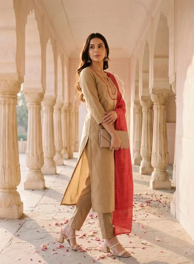 Yuris  Beige Embroidered, Three Quarter Sleeve, Round Embroidered Neck, Straight Kurta Set, Side Slit with Solid Dupatta for Women | Best Price UAE