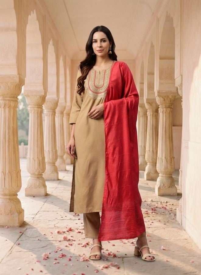 Yuris Beige Embroidered, Three Quarter Sleeve, Round Embroidered Neck, Straight Kurta Set, Side Slit with Solid Dupatta - Image 1