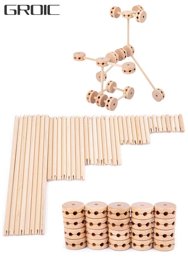 GROIC 60 Pieces Wooden Building Block Toys for Kids, Montessori STEM Toy Natural Wood Splicing Joints and Sticks Educational Sensory Tinker Creative 3D Playset Stacking Game  - Image 1
