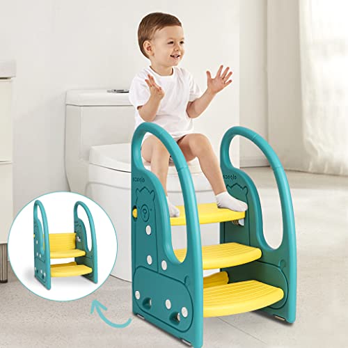 Toddler Step Stool Chair Onasti Kids 3 Step Standing Tower for Toddlers Plastic Learning Helper Stool for Kitchen Counter Bathroom Sink Toilet Potty Training with Handles and NonSlip PadsGreen