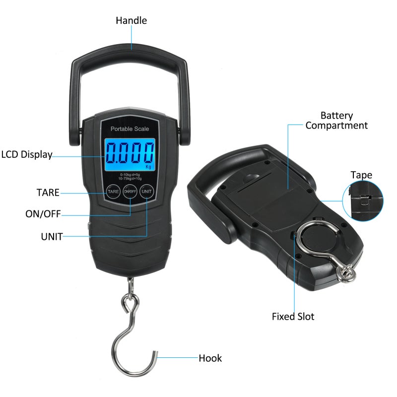 Portable Weighing Scale: 0 To 75kg High Precision Sensor, Backlit LCD Display, Comfortable Rubber-Coated Handle - Auto Lock Function, Built-In Measuring Tape For Travel Outdoor Night Use - Image 4