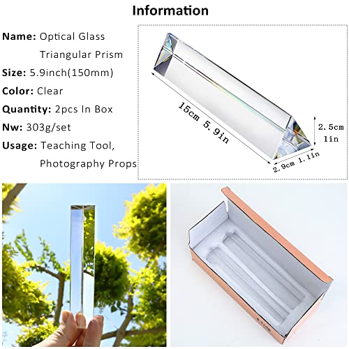 QFkris 2 Pack 6inch K9 Crystal Optical Glass Triangular Prism Clear Triple Prism for Photography Effects Physics Teaching Light Spectrum Optics Kits,Clear - Image 2