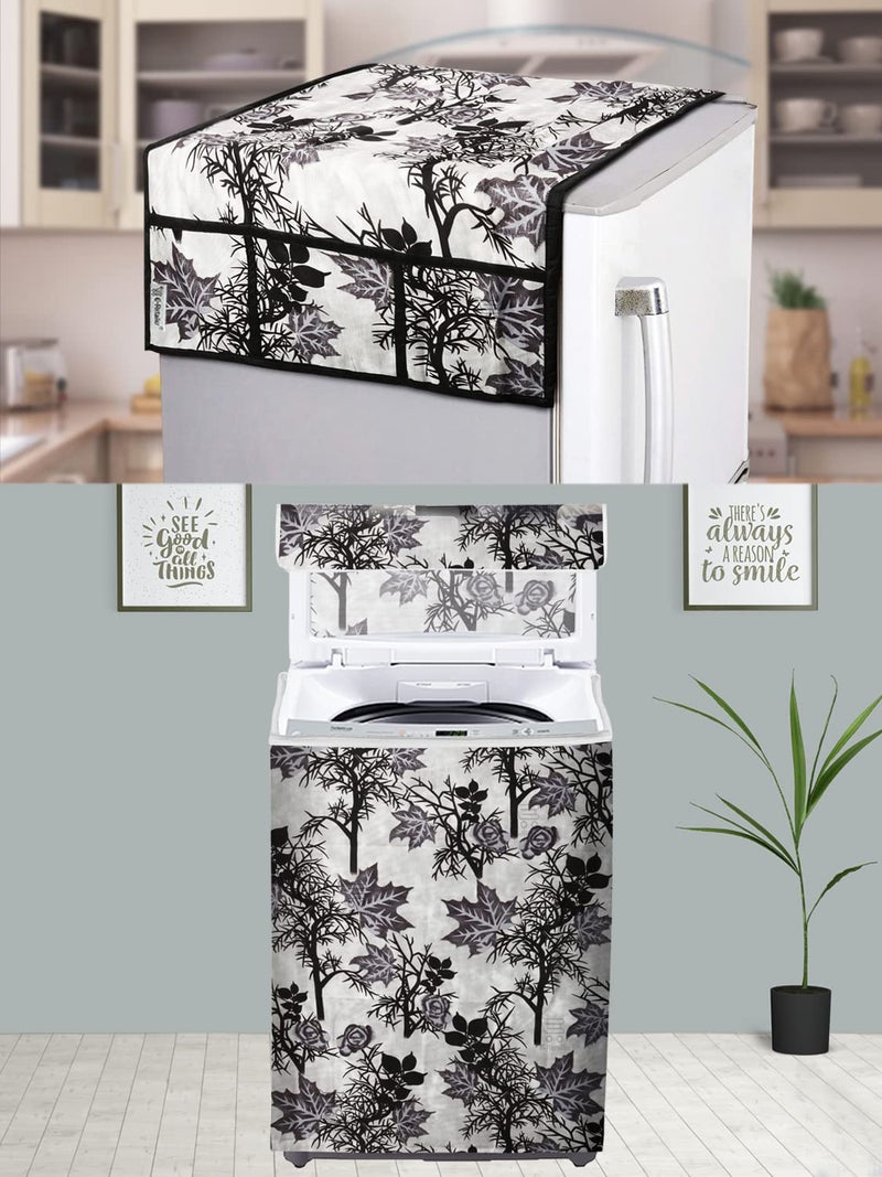 E-Retailer® Exclusive 3-Layered Polyester Combo Set of Appliances Cover (1 Pc. of Fridge Top Cover and 1 Pc. Top Load Washing Machine Cover) (Black, Design-Floral, Set Contains-2 Pcs.) - Image 1