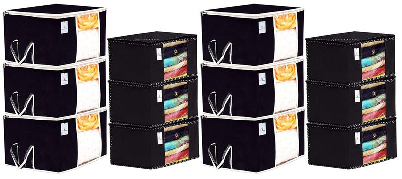 Kuber Industries Non Woven 6 Pieces Saree Cover and 6 Pieces Underbed Storage Bag Cloth Organizer for Storage Blanket Cover Combo Set Black CTKTC038473 - Image 1