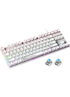 UCHUANG English Arabic Mechanical Gaming Keyboard with RGB LED Rainbow Backlit,Hot Swappable,Quick Response USB Wired Waterproof 87 Keys Keyboard for Windows/MacOS/Android PC Gamers-White(Blue Switch)  - Image 1