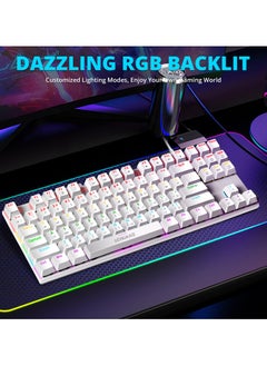 UCHUANG English Arabic Mechanical Gaming Keyboard with RGB LED Rainbow Backlit,Hot Swappable,Quick Response USB Wired Waterproof 87 Keys Keyboard for Windows/MacOS/Android PC Gamers-White(Blue Switch)  - Image 5