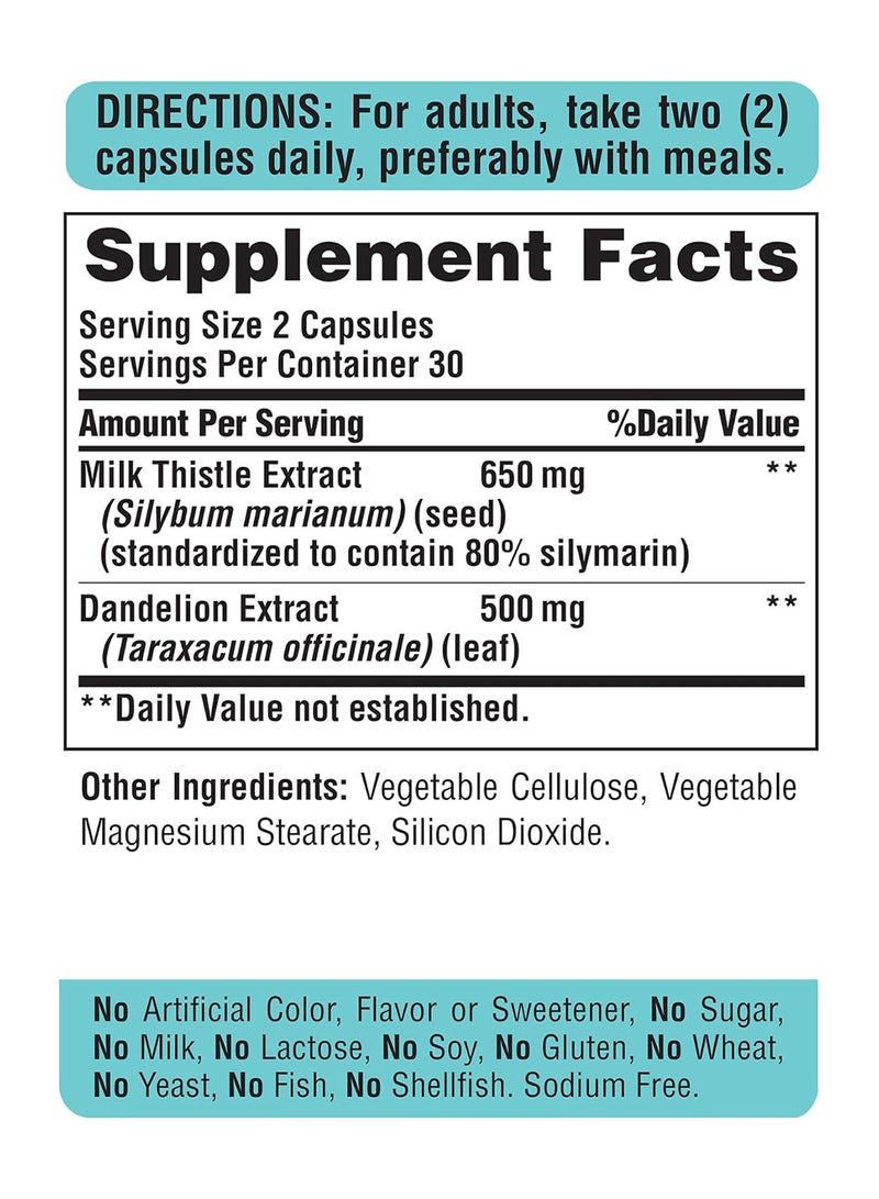 Puritan's Pride Milk Thistle And Dandelion Extract 60 Count - Image 2