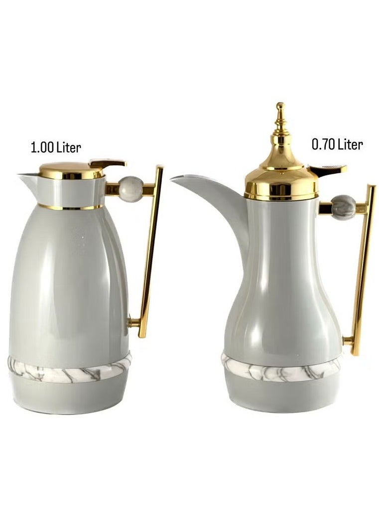 Homemaker Chic 2-Piece Tea & Coffee Flask Set – 0.7L & 1L | Light Grey & Gold | Elegant Design with Glass Inner & ABS Body | Hot & Cold Retention | Made in Turkey  - Image 1
