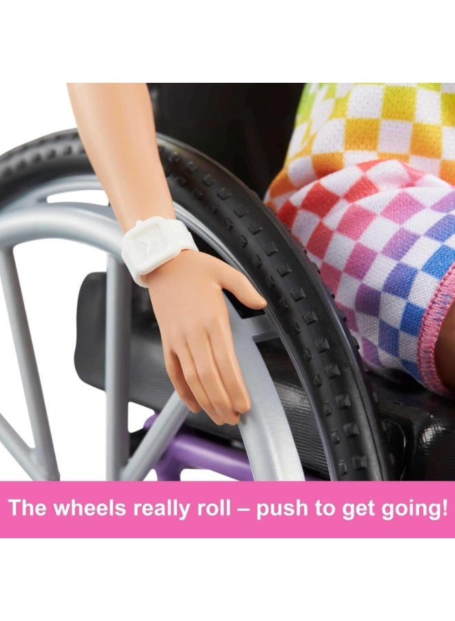 Barbie Fashionistas Doll #194 with Wheelchair & Ramp, Blond Hair, Rainbow Dress & Accessories - Image 3