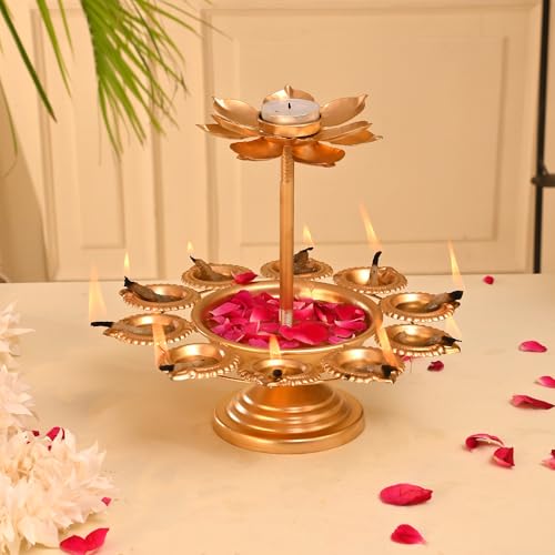 CraftVatika Diwali Decoration Items for Home Decor, Urli Bowl Diya Stand for Home Decor, Urli Lotus Candle Holder Set, Deepavali Decoration Items, Diwali Gifts for Family Friends (8.8 Inch Height) - Image 3