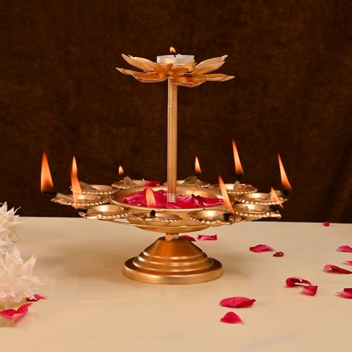CraftVatika Diwali Decoration Items for Home Decor, Urli Bowl Diya Stand for Home Decor, Urli Lotus Candle Holder Set, Deepavali Decoration Items, Diwali Gifts for Family Friends (8.8 Inch Height) - Image 2