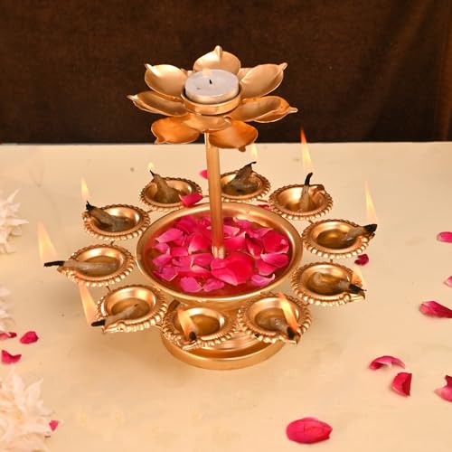 CraftVatika Diwali Decoration Items for Home Decor, Urli Bowl Diya Stand for Home Decor, Urli Lotus Candle Holder Set, Deepavali Decoration Items, Diwali Gifts for Family Friends (8.8 Inch Height) - Image 1