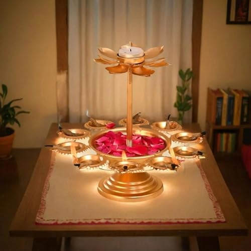 CraftVatika Diwali Decoration Items for Home Decor, Urli Bowl Diya Stand for Home Decor, Urli Lotus Candle Holder Set, Deepavali Decoration Items, Diwali Gifts for Family Friends (8.8 Inch Height) - Image 5