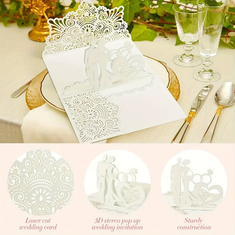 30Pcs 3D Pop Up Laser Hollow Wedding Greeting Cards White With 20 Inner Pages - Image 2