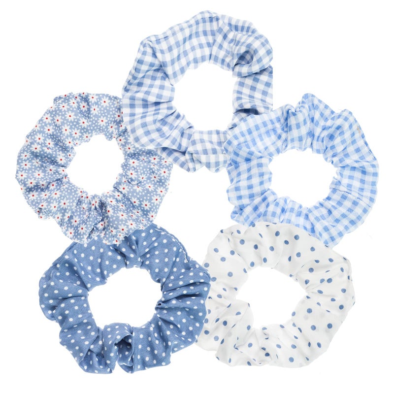 Blue Plaid Scrunchies Set  5 Bandana Hair Ties for Women