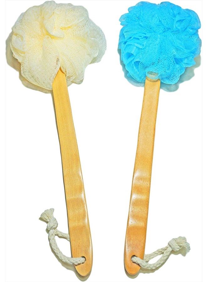 JINS-Hung 2-Pack Shower Loofah Body & Back Scrubber - Exfoliating Loofah luffa loofa Bath Brush On a Stick - with Long Wooden Handle Back Brush for Men & Women - Easy Reach Body Wash & Lotion Applicator - Image 1
