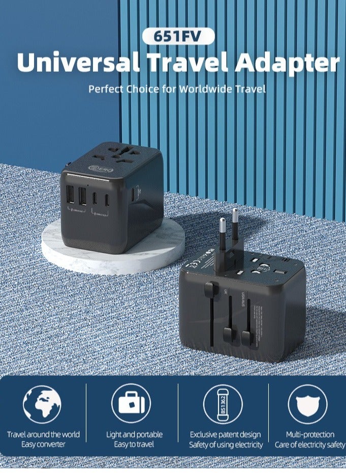 ZERO LIFESTYLE 28W Universal Travel Adapter with 5 Ports (2 USB A and 3 USB C Ports) Universal Travel Adapter for Devices with Dual Voltages, International Travel Adapter for EU, UK, USA, AU, Power Socket Charger for Multi Countries, Travel Plug Adapter with Fast Charging Safety Fuse - Image 5