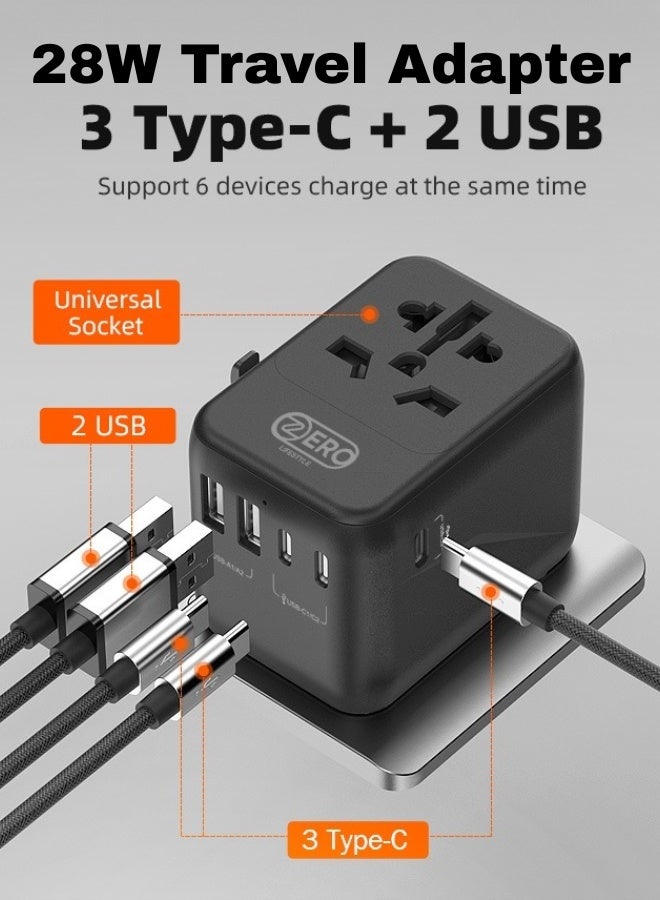 زیرو لائف اسٹائل محول سفر عالمي Zero Lifestyle بقوة 28 وات مزود بـ 5 منافذ (2 منفذ USB A و3 منافذ USB C) محول سفر عالمي للأجهزة ذات الجهد المزدوج، محول سفر دولي للاتحاد الأوروبي والمملكة المتحدة والولايات المتحدة الأمريكية وأستراليا، شاحن مقبس الطاقة للعديد من البلدان، محول قابس السفر مع فتيل أمان للشحن السريع - Image 1