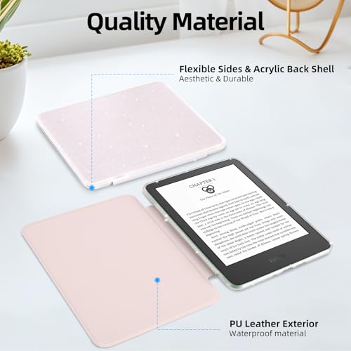 HOICHOE Glitter Case for 6" Kindle 11th Generation 2024/2022 Release, Light PU Leather Cover and Transparent Hard Back Shell,with Auto Sleep/Wake,Glitter Pink - Image 3