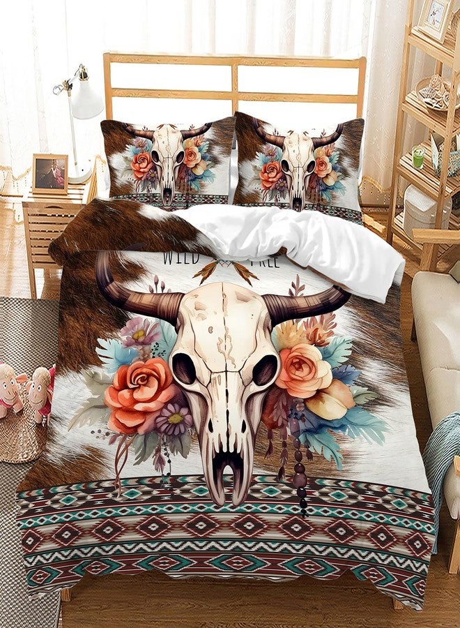 AILONEN Bull Skull Duvet Cover Set King Size, Ethnic Cow Fur Print Western Bedding Set,Hunting Comforter Cover Set 3 Pieces,Cow Skull Quilt Cover with 2 Pillowcases - Image 1