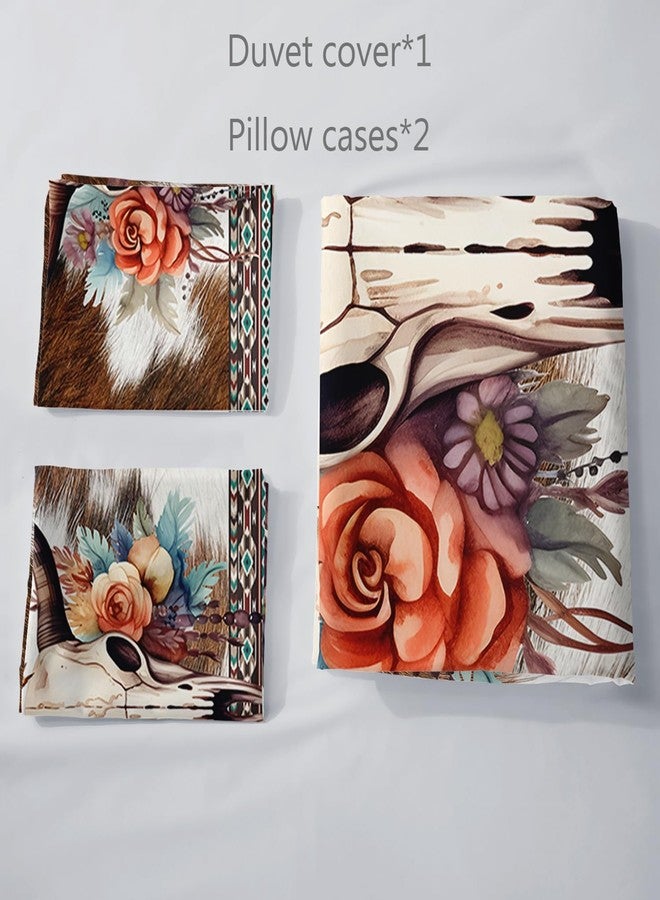 AILONEN Bull Skull Duvet Cover Set King Size, Ethnic Cow Fur Print Western Bedding Set,Hunting Comforter Cover Set 3 Pieces,Cow Skull Quilt Cover with 2 Pillowcases - Image 4