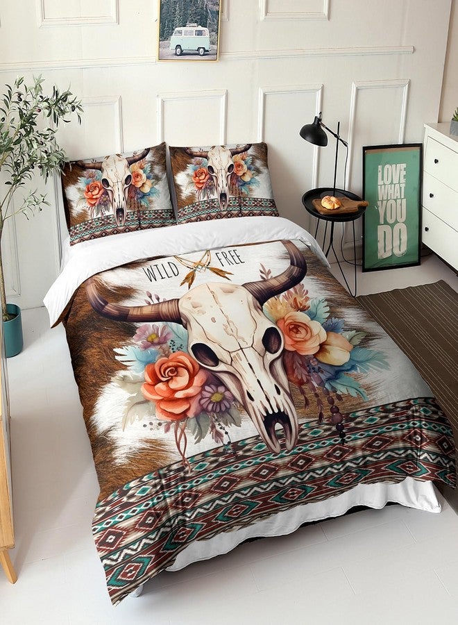 AILONEN Bull Skull Duvet Cover Set King Size, Ethnic Cow Fur Print Western Bedding Set,Hunting Comforter Cover Set 3 Pieces,Cow Skull Quilt Cover with 2 Pillowcases - Image 2