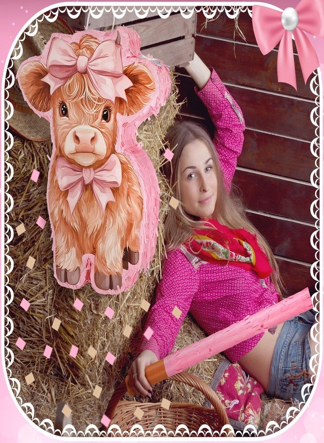 Feifeiya Pink Highland Cow Piñata Birthday Party Supplies Piñata Bundle with a Blindfold, Bat and Confetti Highland Cow Decorations - Image 5